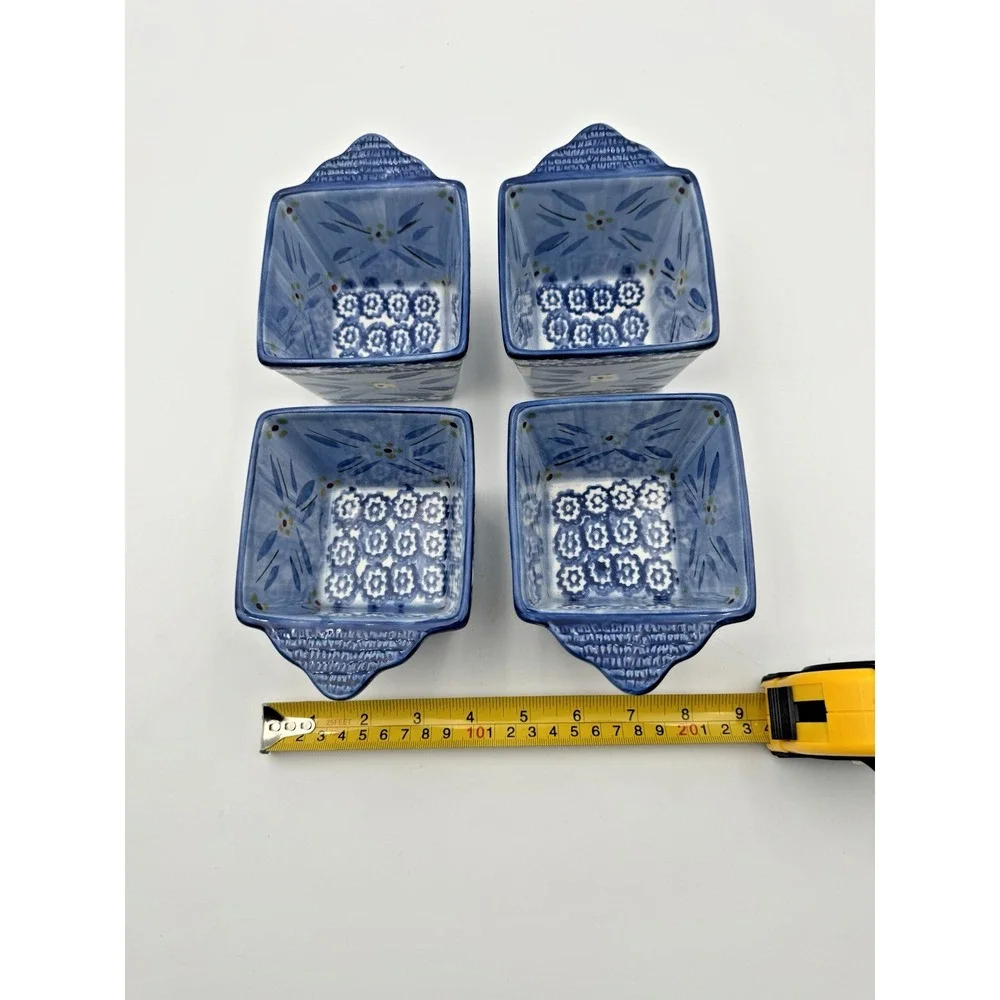 Temp-tations Old World Blue Set of 4 Mini Square Bakers Ramekins Handles